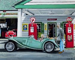 Mg Tc At The Gas Station By Loek Bakhuizen Automotive Artwork Classic Racing Cars Antique Cars