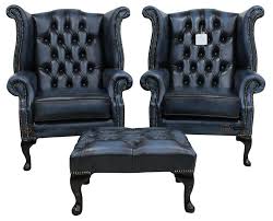 2 X Chesterfield Queen Anne Wing High Back Fireside Chairs Antique Blue Leather Ebay Fireside Chairs Brown Leather Armchair Real Leather Sofas
