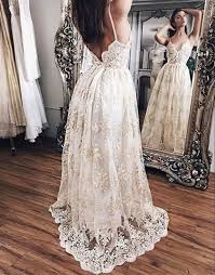 New Arrival A Line Spaghetti Straps Champagne Lace Long Prom Dress Backless Prom Dresses Straps Prom Dresses Prom Dresses Lace