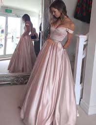 Off Shoulder Long Pearl Pink Prom Dress With Beading Pockets Promdresses Promgowns Eveningdresses Evening Dresses Prom Prom Dresses For Teens Satin Prom Dress