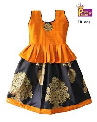Kids Golden Orange Blue Pattu Pavadai Lehenga For Baby Girl Kids Blouse Designs Kids Frocks Kids Frocks Design