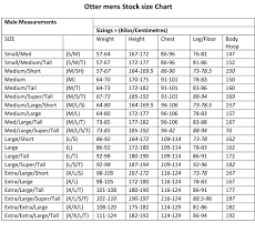 Otter Mens Stock Size Chart In Cms Ocean Drysuits