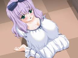 breasts, dress, green eyes, huge breasts, purple hair, white dress 