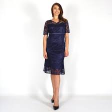 Официален дамски тъмно син костюм от дантелена рокля с ръкав и сако  80689-20725, Adora Fashion House