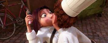 In Ratatouille, Remy sees a couple kissing passionately after the woman  threatens to shoot the man. Later, when Colette is about to mace Linguini,  Remy makes Linguini kiss Colette the same way. :