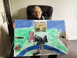 Outline your drawing and color the image with white, yellow, and red colors. Ready Set Draw Harrow Care Home Residents Take Part In Worldwide Art Festival Buchanan Court