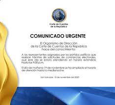 El tse reitera su compromiso de transparencia y en el momento oportuno brindará un informe sobre los inconvenientes solventados . Corte De Cuentas V Twitter Ccrinforma Este 19 De Noviembre Trabajaremos En Horario Extendido Hasta Las Doce De La Noche Culminando La Entrega De Constancias Electorales A Los Candidatos A Diputados