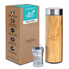 Raw Vibes Bamboo Tea Tumbler With Tea Infuser Mesh Filter Vacuum Insulated Stainless Steel Travel