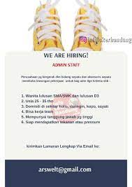Ratusan iklan lowongan kerja bandung terbaru untuk lulusan sma, d3, s1, freshgraduate, freelance, part time, full time ditayangkan setiap harinya. Lowongan Kerja Admin Staff Pt Avanti Ragam Sukses Bandung Juni 2021 Info Loker Bandung 2021