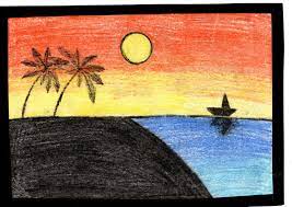 On the ground portion draw 2 curved lines it will depict the road. Sunset Drawing