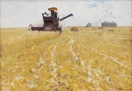 Kostinski Petr Ivanovich Harvesting In Peredelkeno 1962 Social Realism Oil On Canvas 49 5cm X 68 6cm Farm Art Top Paintings Farm Paintings