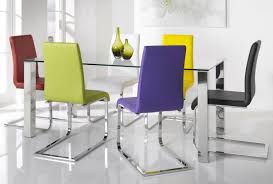 Colorful Dining Chairs With Glass And Stainless Steel Dining Tables Decolover Net Dining Room Furniture Modern Modern Dining Room Dining Room Design Modern