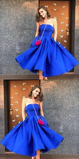 Strapless Royal Blue Satin Tea Length Prom Dress Cocktail Party Dress With Pockets From Dressmeet Tea Length Prom Dress Simple Homecoming Dresses Royal Blue Homecoming Dresses