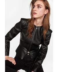 Faux Leather Jacket With Shoulder Pads New In Woman Zara United States Faux Leather Jackets Round Neck Jackets Shoulder Pads Fashion