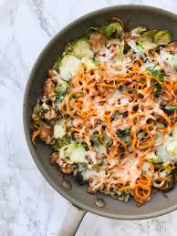 Chicken Sausage Brussels Sprouts And Spiralized Sweet Potato Skillet Inspiralized Sweet Potato Skillet Inspiralized Recipes Sweet Potato Spiralizer Recipes