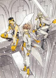 clamp, fai d. flowright, kurogane (tsubasa chronicle), xiaolang, tsubasa  chronicle, absurdres, highres, 3boys, black hair, blonde hair, brown eyes,  brown hair, looking at viewer, male focus, multiple boys, ribbon, sitting,  snow, yellow ribbon - - Gelbooru