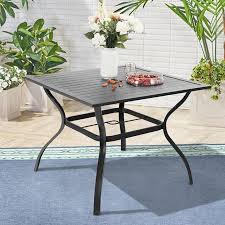 From cute bistro tables to expansive outdoor dining furniture collections, patio furniture sets the tone for your backyard entertainment zone. Mf Studio 37 Outdoor Dining Table Metal Slat Dining Table With 1 57 Umbrella Hole Black From Walmart Accuweather Shop