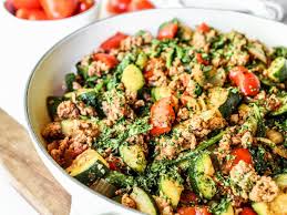 Easy Turkey Zucchini Skillet Recipe In 2020 Ground Turkey And Zucchini Recipe Stuffed Peppers Seasoned Veggies