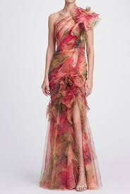 Marchesa One Shoulder 3d Printed Silk Organza Evening Gown Poshare Organza Gowns Organza Dress Evening Dresses