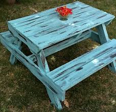 Shabby Chic Distressed Turquoise Painted Would Be Fun To Try To Make It Look Like Birch Bark Painted Picnic Tables Picnic Table Makeover Kids Picnic Table