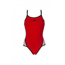 Maillot de bain rouge croisé avec une ouverture à la poitrine taille 36 bandes sur le côté du maillot. Arena Team Stripe Super Fly Back Red Black Maillot Natation Femme Rouge Noir Les4nages