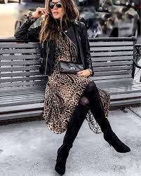 Black Leather Jacket Over Trendy And Cute Leopard Print Dress Fashion Fashion Outfits Stylish Outfits