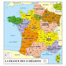 Carte avec les régions, préfectures, numéros et noms des départements. Map With The 13 Regions After The 2016 Reform