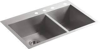 Edgeless and flexible, this mounting style offers easier cleaning and a larger work area without a rim extending over the countertop. Amazon Com Kohler Vault 33 Double Bowl Offset 18 Gauge Stainless Steel Kitchen Sink With Four Faucet Holes K 3823 4 Na Drop In Or Undermount Installation 9 Inch Bowl Everything Else