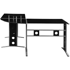L Shape Glass Top Metal Office Desk Set