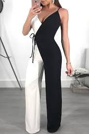 Black And White Formal Attire For Ladies Black White Two Tone Tie Waist Spaghetti Straps Casual Jumpsuit Fashion Clothes Women Fashion Jumpsuits For Women