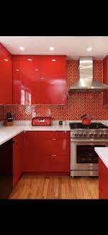 Custom Red Lacquer Cabinetry With Multi Color Tile Backsplash In 2020 Kitchen And Bath Design Color Tile Backsplash Quality Kitchen Cabinets