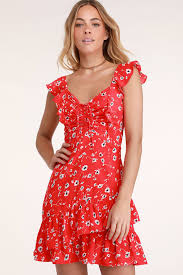 On The Patio Red Floral Print Ruffled Mini Dress Pretty Red Dress Cute Red Dresses Printed Wrap Dresses