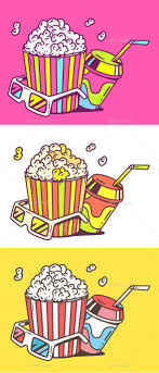 Popcorn With Juice And 3d Glasses Line Art Design Food Graphic Design Candy Art
