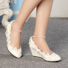 Fashion Lace Blanc Cristal Ivoire Chaussures De Mariage Appartements Nuptiale Talon Ha Hochzeit Schuhe Keilabsatz Hochzeitsschuhe Vintage Brautschuhe