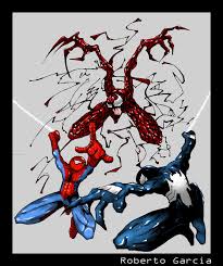 Carnage was once a serial killer known as cletus kasady, and became carnage after merging with the offspring of the alien symbiote called venom during a prison breakout. Spiderman Vs Venom Vs Carnage By Robseyes On Deviantart