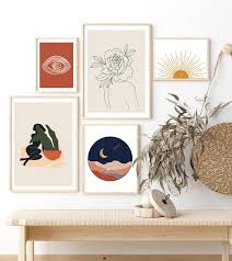 Boho Gallery Wall Set Of 5 Prints Above Bed Decor Boho Decor Etsy Boho Gallery Wall Above Bed Decor Wall Decor Bedroom