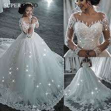 Lace Applique Wedding Dresses 2020 Boho Elegant Arabic Wedding Gown Long Sleeve Ball Gown Wedding Dress Beaded Wedding Gowns Ball Gowns Wedding