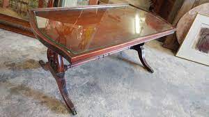 Sold out vintage heritage henredon round mahogany leather top side, source: Antique Mahogany Coffee Table Glass Top Harp Base So Nice Long Valley Traders