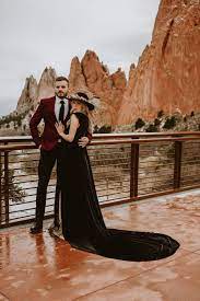 Boho Black Wedding Dress With Long Train Romantic Colorado Elopement Black Wedding Burgundy Suit Wedding Colorado Wedding Photo