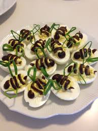 Deviled Egg Bumble Bees Deviled Eggs Chives Black Olives Bee Baby Shower Food Bee Baby Shower Theme Food