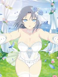 yumi (senran kagura), senran kagura, highres, official art, tagme, 1girl,  bare shoulders, blue eyes, breasts, bridal veil, bride, cleavage, dress,  large breasts, looking at viewer, thighhighs, veil, wedding dress 