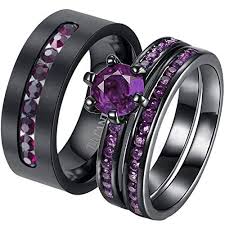 Black And Purple Wedding Ring Set Ringheart 2 Rings His And Hers Couple Rings Black Gold Filled Womens Wedding Ring Sets Purple Womens Wedding Ring Sets Black Gold Ring Purple Wedding Ring Set