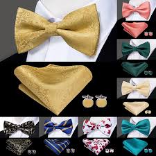 Hi Tie Classic Black Bow Ties For Men 100 Silk Butterfly Pre Tied Bow Tie Pocket Square Cufflinks Suit Set Floral Gold Bowties Men S Ties Handkerchiefs Aliexpress