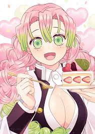 shimya, kanroji mitsuri, kimetsu no yaiba, absurdres, highres, 1girl,  braid, breasts, cake, demon slayer uniform, food, fork, fruit, gradient  hair, green eyes, green hair, heart, holding, holding fork, japanese  clothes, large breasts,