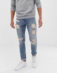 Asos Design Drop Crotch Jeans In Mid Wash Blue With Cargo Pockets And Rips Asos Erkek Modasi