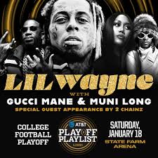 Catch @liltunechi in Atlanta during @CFBPlayoff for #ATTPlaylistLive at  @StateFarmArena: Next Saturday, Jan. 18 with @2chainz, @laflare1017 and  @munilong! Info/Tickets: lilwayneofficial.com/tour #CFBPlayoff  #NationalChampionship