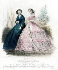 Mid victorian era fashion plate, 1850s, 1860s, hand colored, antique, historical costuming, print, decor, gown, dress, ladies, french 1860 Cream Silk Evening Dress Fashion History Timeline