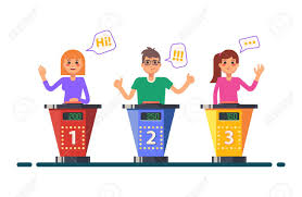 A lot of work goes on behind the scenes, but it's your actions in front of the camera that set the tone and deliver the message to a w. Tv Show With People Or Quiz Game With Cartoon Characters Man And Woman Raising Hands On Television Game Contest With Players Score At Studio Puzzle And Intelligence Exam And Entertainment Program Royalty