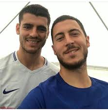 Michael Ballack and Eden Hazard pose for a photo inside Chelsea Legends  dressing room.