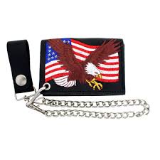 Embroidered Eagle On American Flag Men S Black Leather Chain Wallet Trifold Embroidered Eagle Wallet Chain Leather Chain